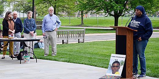 Mother speaks about gun violence at a gun violence awareness day sponsored by the Peacemaking Committee