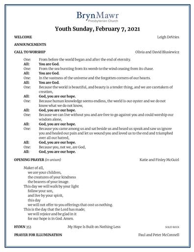 Youth Sunday, February 7, 2021